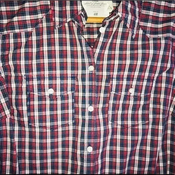 H&M Women’s 12 Large Lightweight Red Blue Plaid Long Sleeve Casual Button Down - Picture 2 of 4